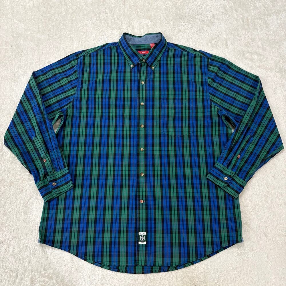 IZOD Mens XL Blue Green Tartan Plaid Button Down Shirt Heritage Long Sleeve
